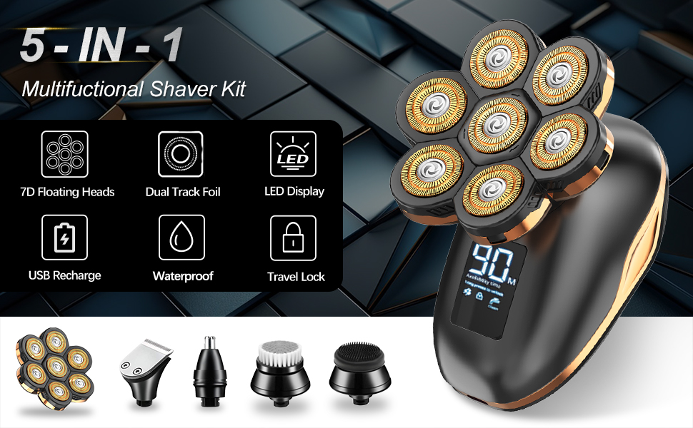 Електробритва Bald Shaver Men 7D, CHLANT 5 в 1 Електрична бритва USB, Волога/Суха, LED дисплей, HM1688