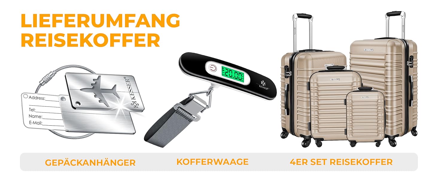 Набір валіз KESSER® з ABS-пластику (4 шт.): S, M, L, XL. З телескопічною ручкою, 4 колеса, ваги та жетон для багажу. Колір: шампань