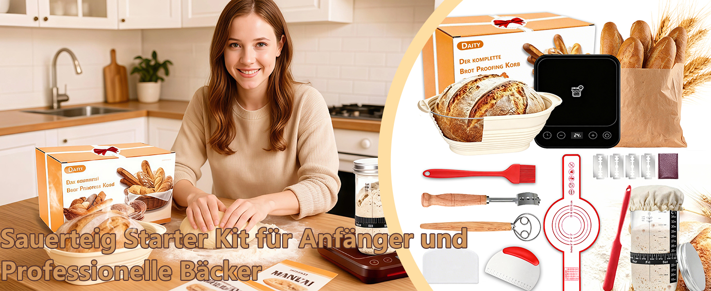Набір для закваски Daity: 12 предметів для випікання хліба, термоконтейнер, гнітниця для бродіння овальної форми 28 см, силікон, для початківців та професіоналів