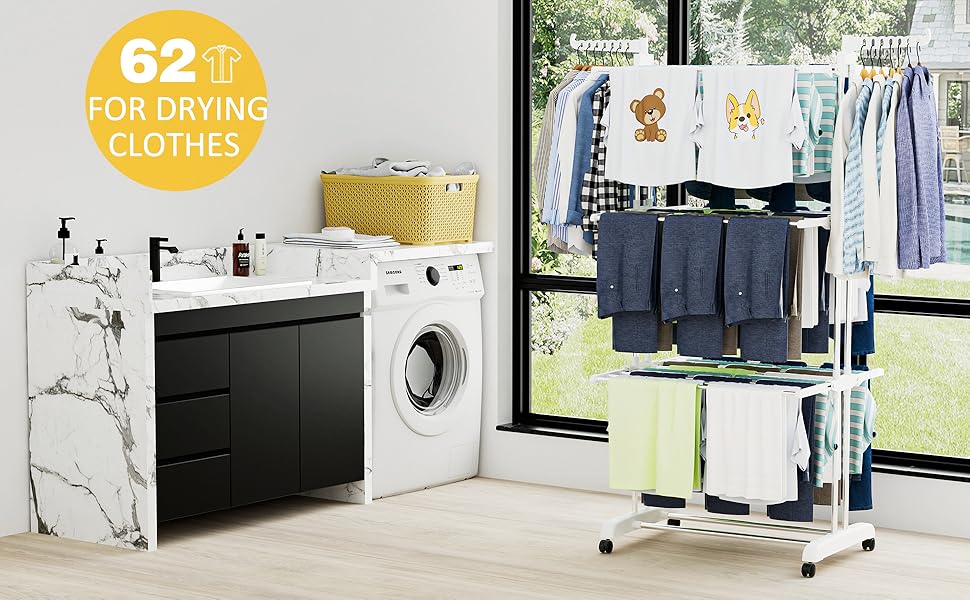 Сушарка для білизни SIMPDIY вертикальна баштового типу, розкладна сушарка з 6 крилами та 2 бічними панелями на колесах для дому та вулиці, біла