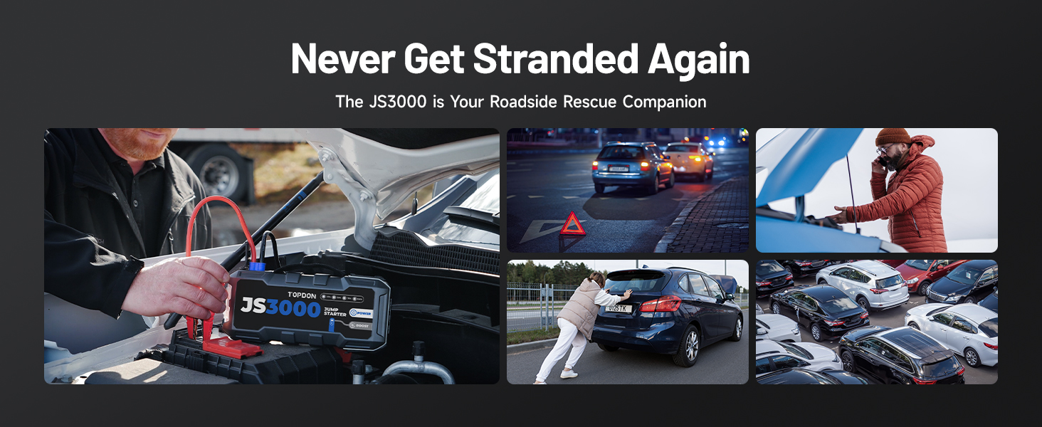 TOPDON JS3000 Powerbank-пускозарядний пристрій для авто, 24000mAh, 3000A, сумісний з бензиновими (9L) та дизельними (7L) двигунами, вбудований LED, EVA-сумка