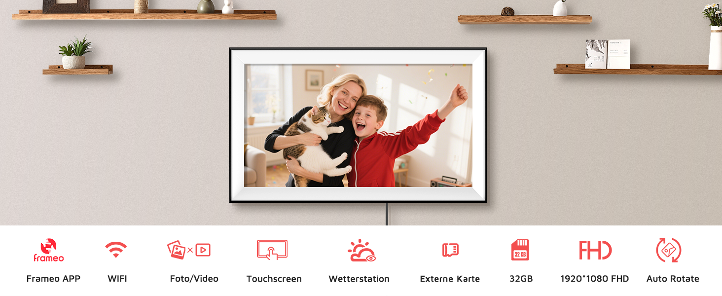 Цифровий фоторамка Hesmor 15.6 дюймів з Wi-Fi, FHD 1920*1080, IPS, сенсорний екран, 32GB, автоповорот, Frameo App