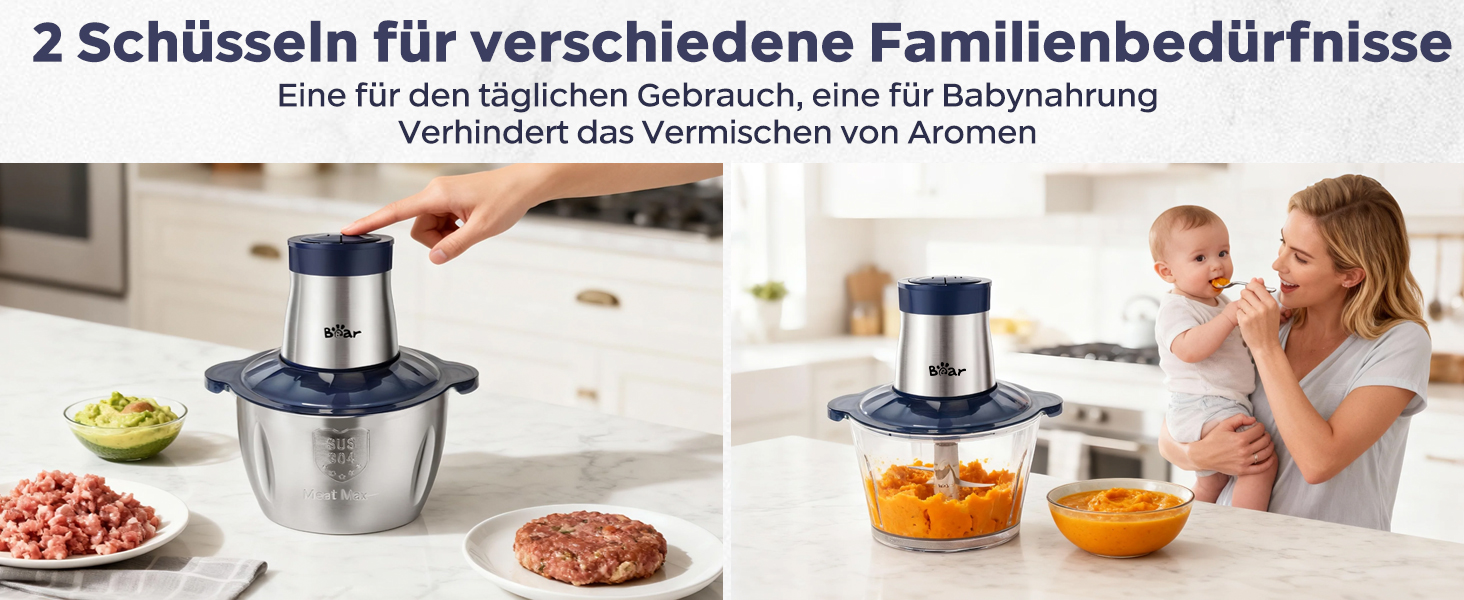 М'ясорубка електрична Bear 2л + 1.8л, подрібнювач зі скляною та нержавіючою сталлю, 600W, 2 швидкості, 4 сталеві ножі для м'яса, дитячого харчування, овочів та фруктів