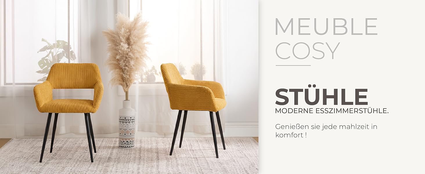 Крісла для їдальні та кухні Cosy - 2 шт. М'які крісла з підлокітниками, жовті, 56x56x78 см