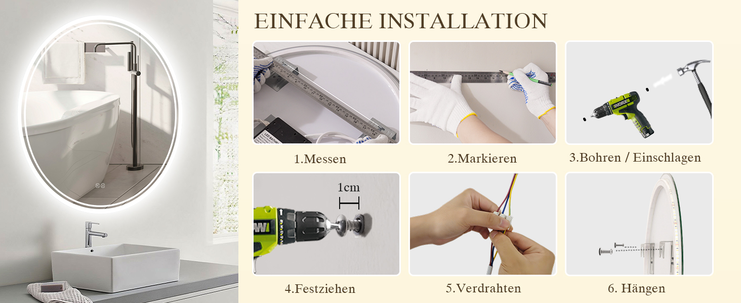 Дзеркало для ванної кімнати з підсвічуванням LED, кругле 50см, сенсорне керування, регулювання яскравості, функція пам'яті, дзеркало з HD склом, захист від вибуху, антизапотівальне покриття, 3 кольори світла, 70x70 см