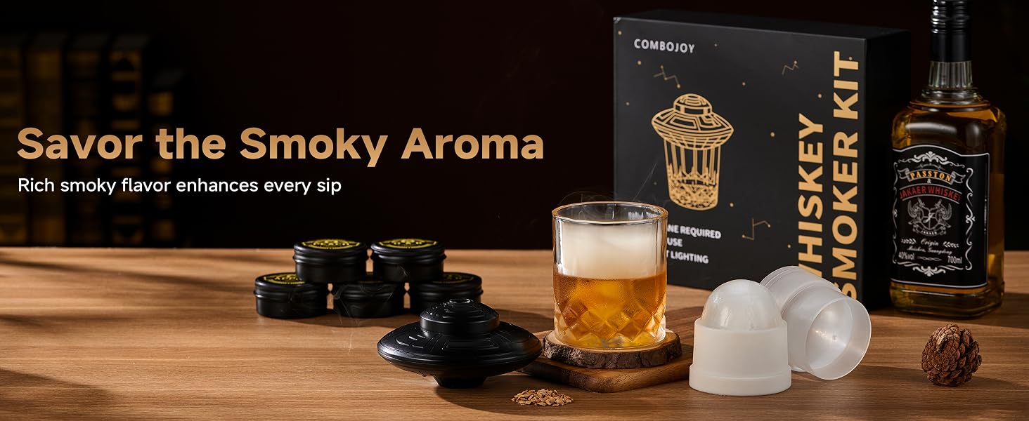 Електричний набір для копчення віскі ComboJoy з LED-підсвіткою, 6 видами тріски, келихом та формою для льоду, акумуляторний смокер для коктейлів та бурбону, чорний