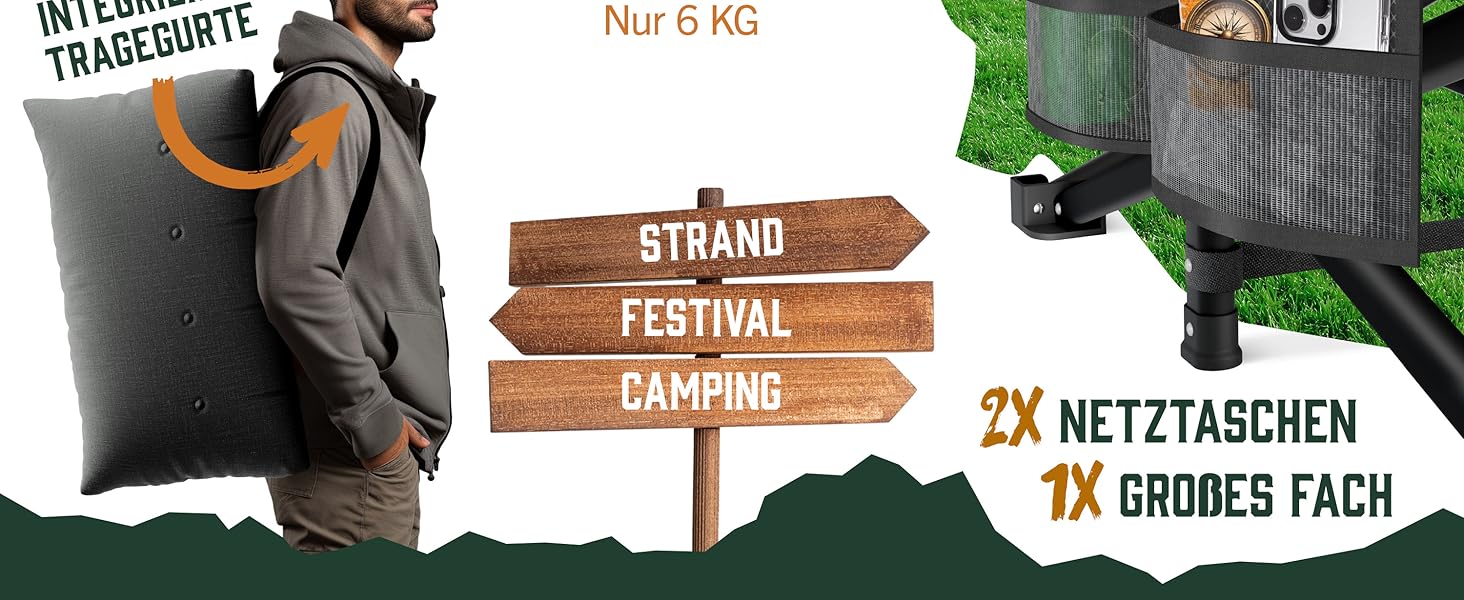 Складане розкладне ліжко ELONEO NEU для кемпінгу та подорожей з преміум-матрацом, витримує до 200 кг, з сумкою для перенесення, антрацит