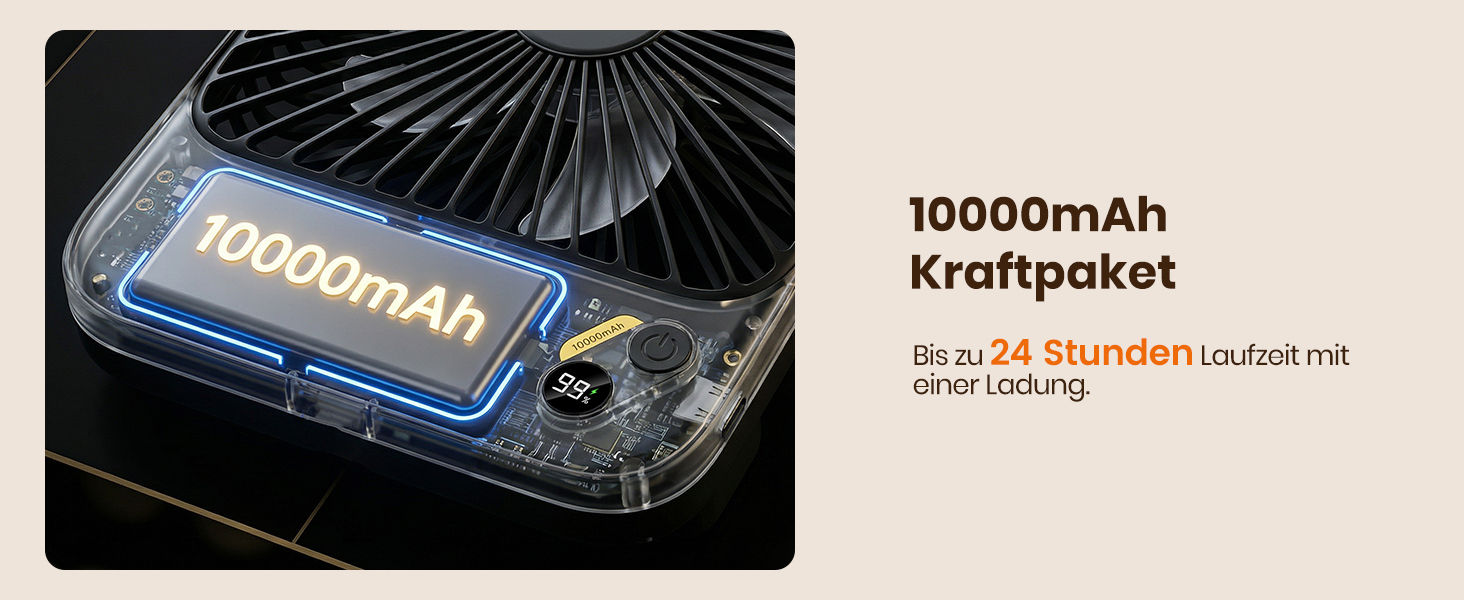 Вентилятор акумуляторний Warmco 10000mAh 21 см, до 24 год, чорний - для офісу, подорожей, спальні