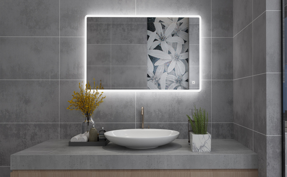 Дзеркало для ванної кімнати MIQU LED 60x50 см з підсвічуванням, тепле/холодне світло, диммування, антизапар, сенсорне управління, прямокутне