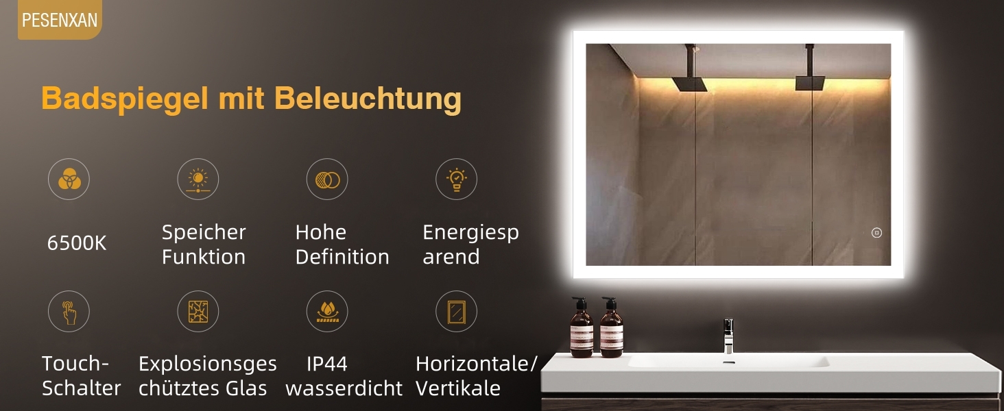 LED дзеркало для ванної кімнати 80x60 см з підсвічуванням, 3 кольори світла, регулювання яскравості, антизапарник, сенсорне керування, пам'ять, IP44, вологостійке, 6500K