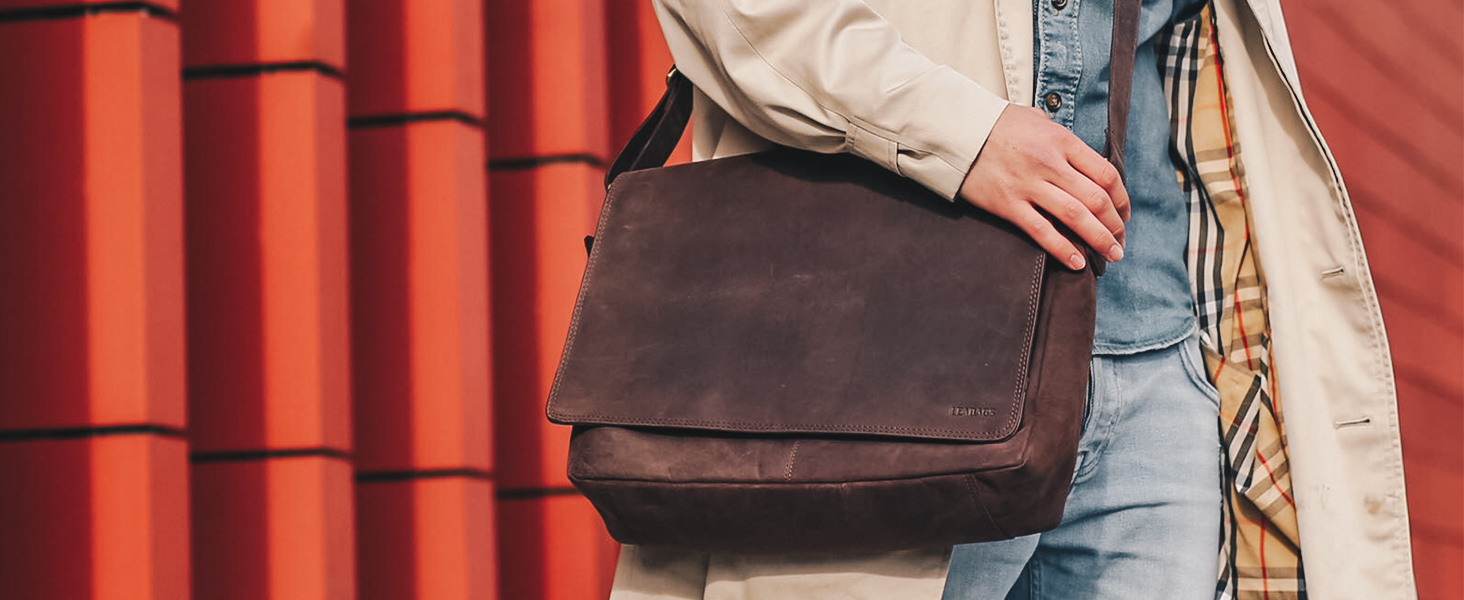 Сумка для ноутбука 15 дюймів LEABAGS з натуральної шкіри та тканини Оксфорд, 38x10x31 см, колір мускат