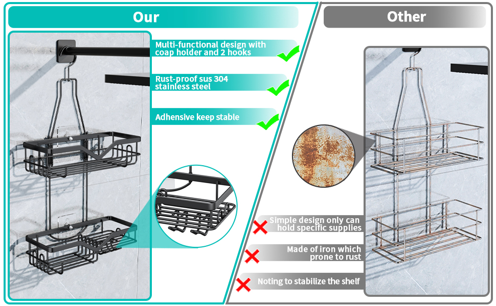 Підставка для душу без свердління з 12 гачками, 2 упаковки, стійка для душу з нержавіючої сталі, Антикорозійна і водонепроникна, тримач для шампуню SWTYMIKI для