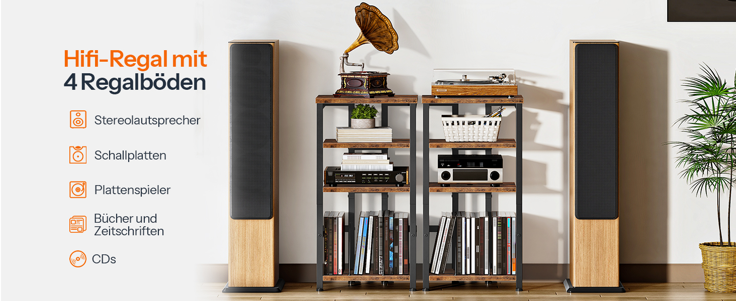 HOOBRO HiFi-тумба з 4 полицями для вінілу та аудіотехніки, вінтажний стиль, чорний/коричневий EBF42CJ01