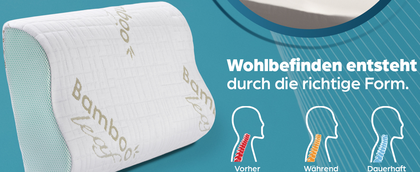 Ортопедична подушка для шиї з піни Memory Foam з Aloe Vera, знімний бамбуковий чохол. Для ліжка, при болях у шиї та підтримки хребта