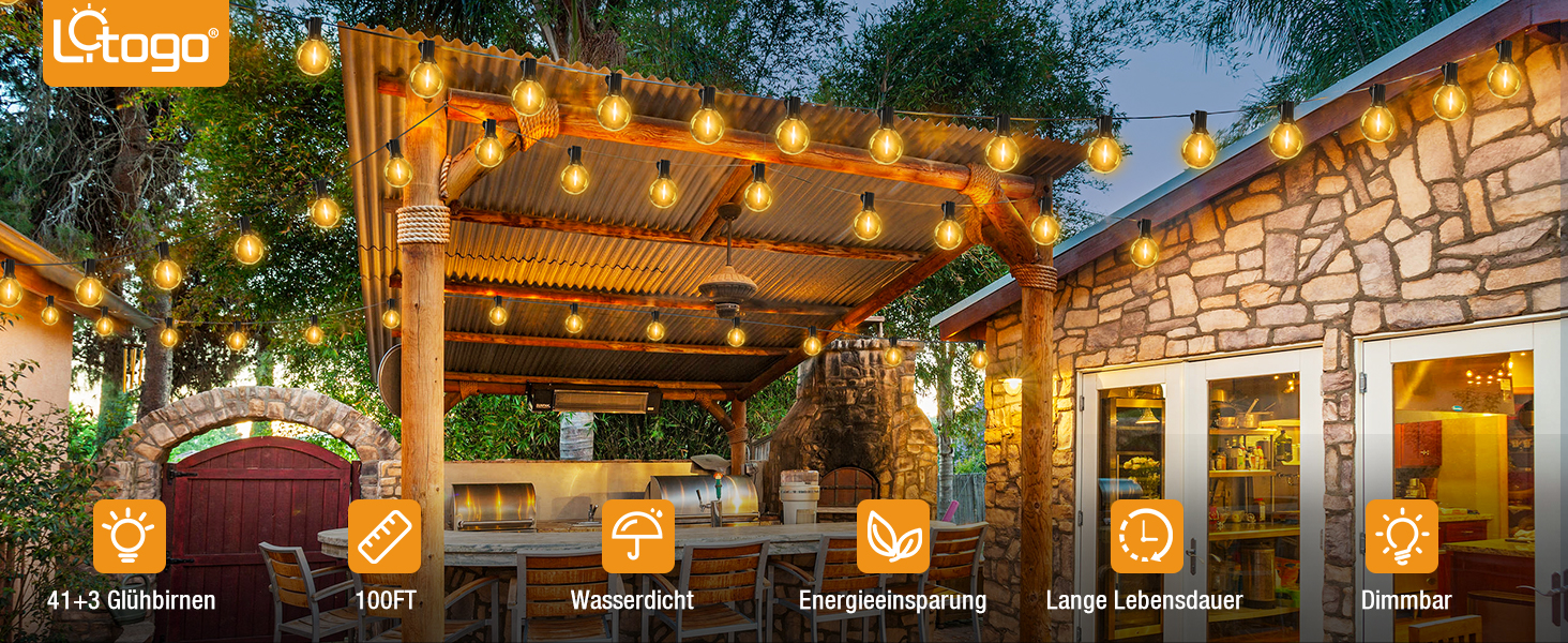 LED гірлянда світлодіодна зовнішня, димування, таймер, 15м, декоративні лампочки G40, тепле біле світло, пластик, вологостійка для саду, балкону, вечірки, павільйону, тераси