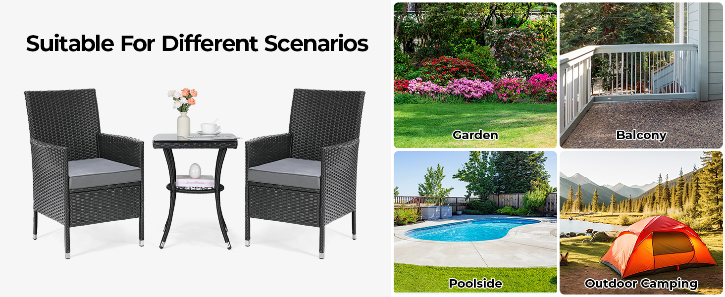 Набір меблів для балкона LIFERUN 3 шт. з ротангу, подушками та склом, чорний