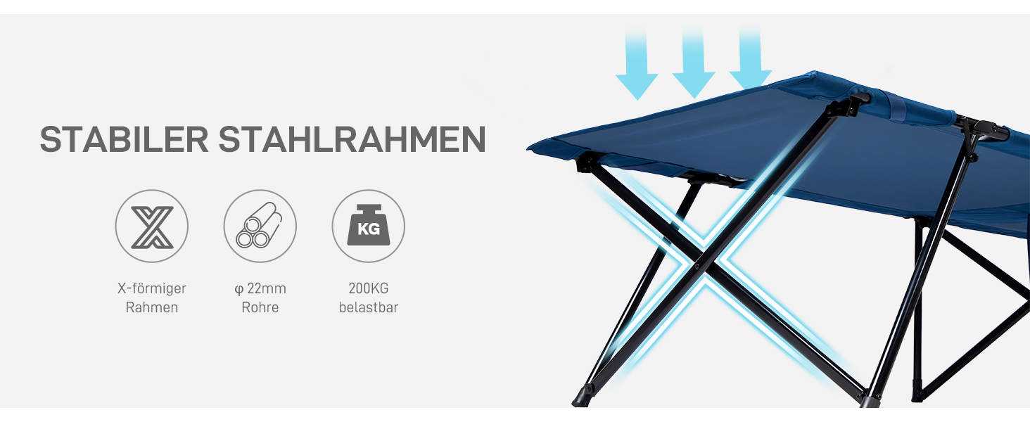 Складане польове ліжко EVER ADVANCED XXL для кемпінгу, 200 кг, 214x79x50 см, з бічною кишенею, стійке та портативне для відпочинку, подорожей, саду, вулиці та дому
