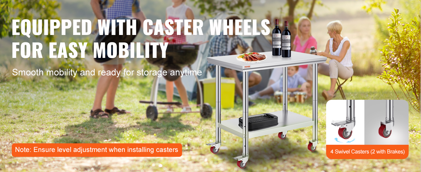 Нержавійна кухонна стільниця VEVOR 90x60x85 см з 4 роликами, регулювання висоти, 136 кг, для приготування їжі, сріблястого кольору