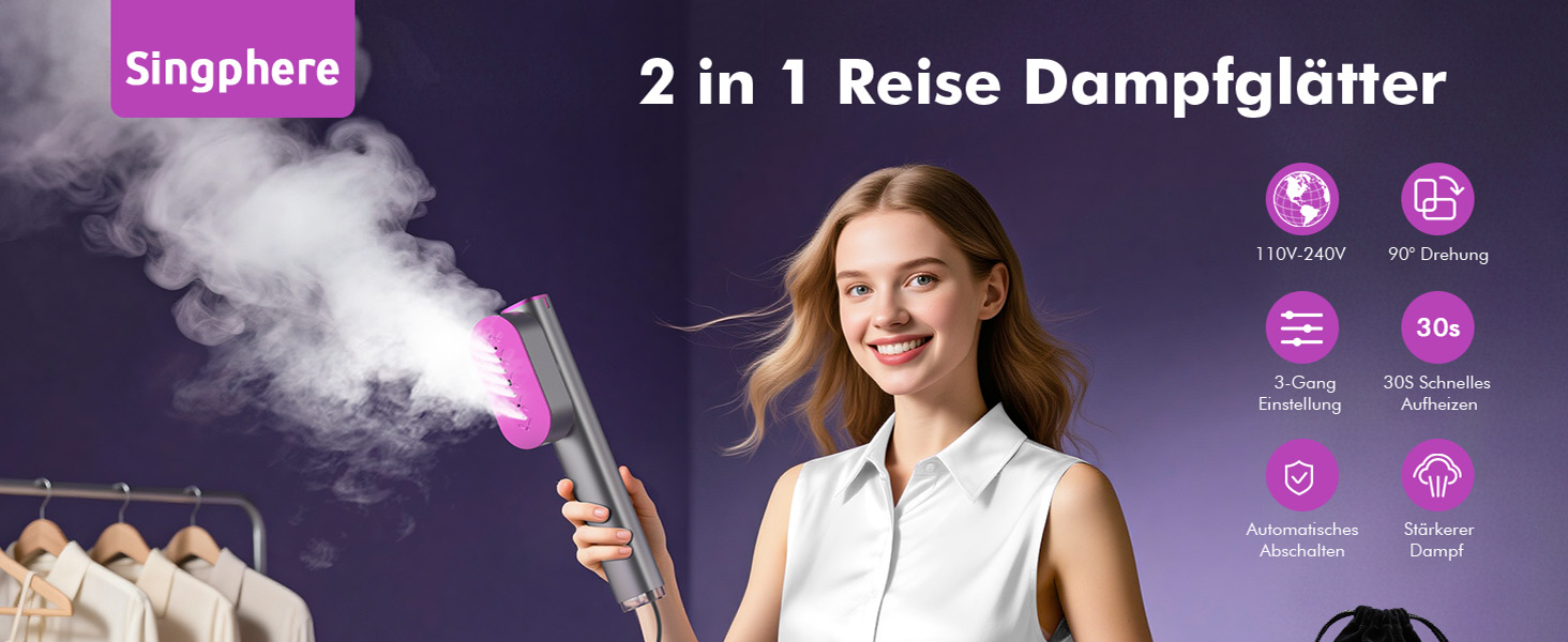 Портативний паровий випрямляч для одягу Stunden - 2 в 1 (праска + випрямляч), 1000 Вт, 110-240V, для подорожей та дому