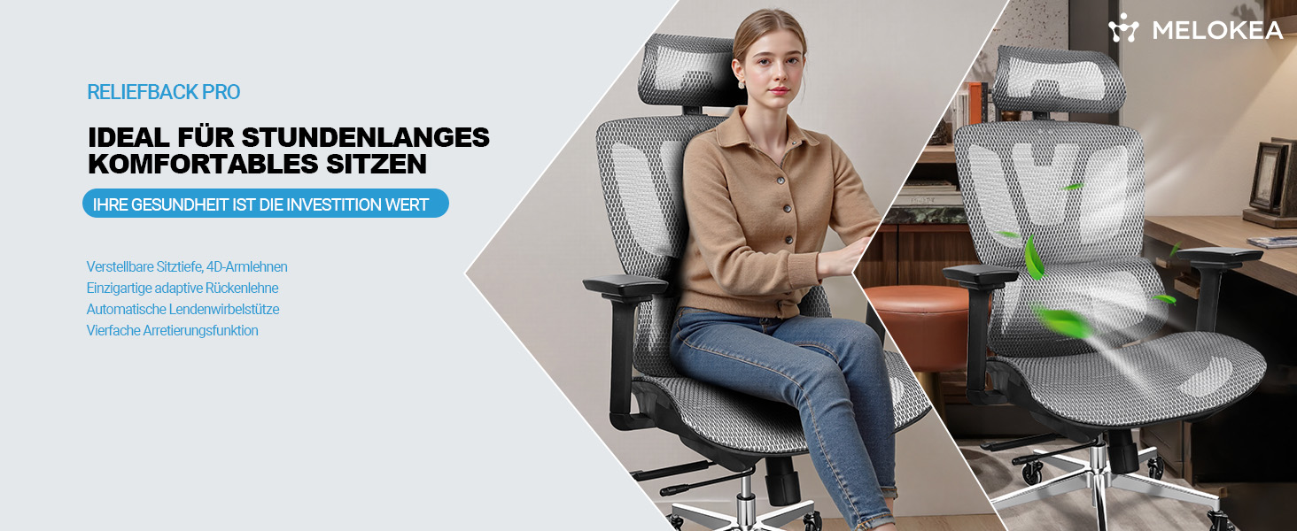 Ергономічне крісло для офісу та дому, 4D підлокітники, регулювання глибини сидіння, 4-рівневий нахил, гумові колеса, сітчасте сидіння, висока спинка, для великих людей, Homeoffice & Gaming (Сірий, сітчасте сидіння)