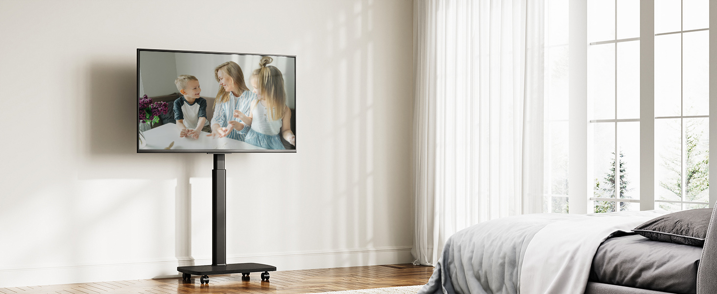 Підставка для телевізора на колесах з полицею, чорна, поворотна, регульована по висоті, VESA 400x400, для телевізорів 32-65 дюймів