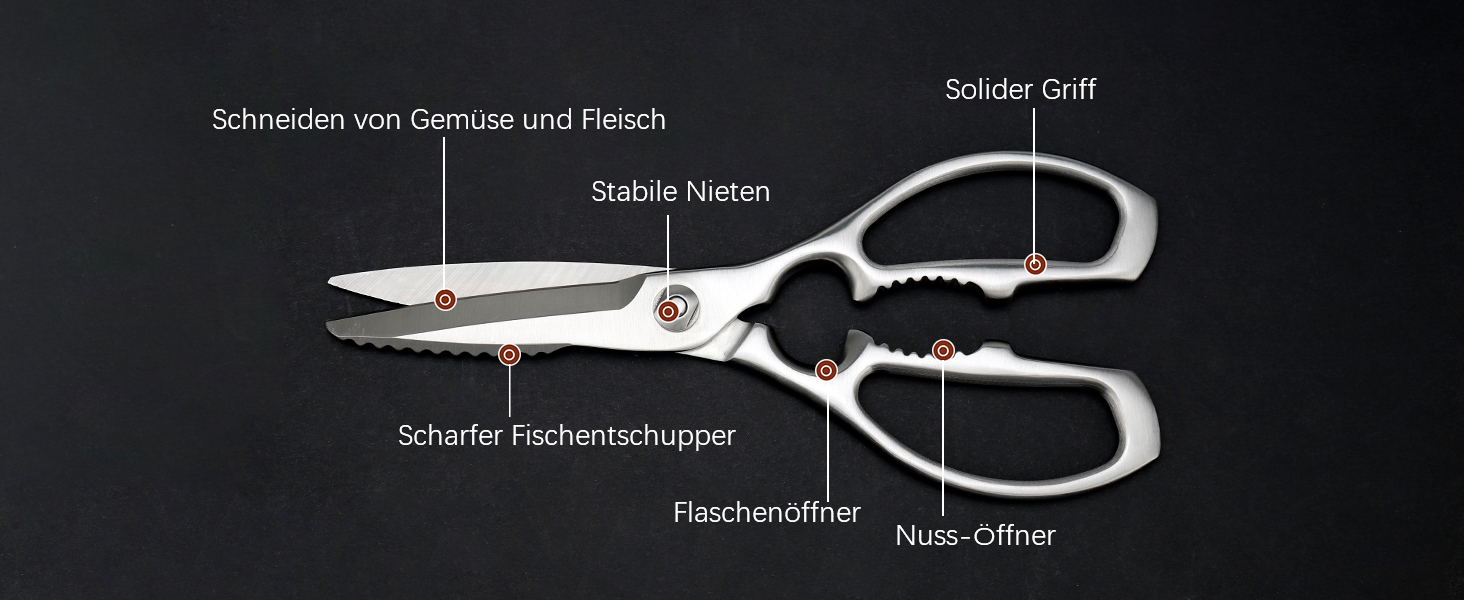 Кухонні ножиці важкі – з нержавіючої сталі 3Cr14, міцні для м'яса, птиці та овочів, з відкривачем пляшок, придатні для миття в посудомийній машині, 22,8 см, 5 років гарантії, сріблястого кольору