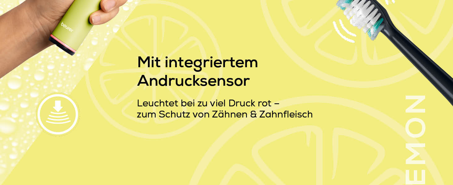 Електрична зубна щітка Beurer SC 30 Schallzahnbürste: 4 режими чищення, 80 000 коливань, таймер, LED-дисплей, 2 насадки, корпус з переробленого пластику (Splashy Lemon)