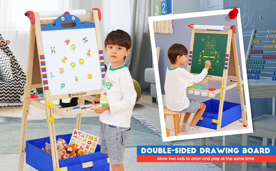 Дитяча мольберт Kinder Staffelei з двома сторонами, регульована висота, з роликом для паперу, аксесуари, підставка для речей (робот)