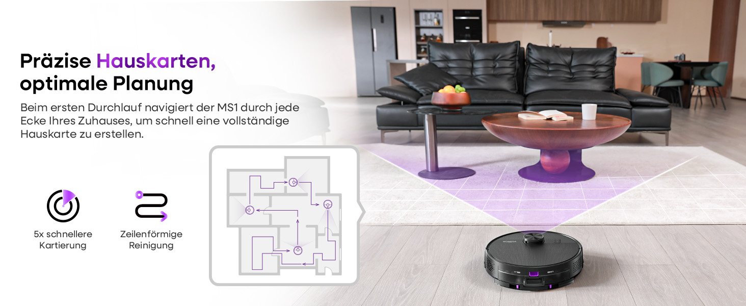 Робот-пилосос MONSGA з функцією миття, 5000Pa, час роботи 180 хв, система захисту від ковтунів, LiDAR навігація, для килимів та шерсті тварин, керування через додаток та пульт (чорний)