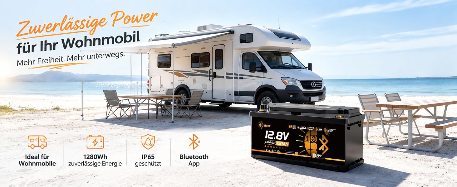 LiFePO4 акумулятор 12V 100Ah H190 з Bluetooth 5.4 для кемперів та житлових будинків на колесах, сертифікація ECE R10