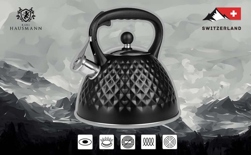 Чайник для плити Induktion 3L, чорний, з авто-свистком, нержавіюча сталь