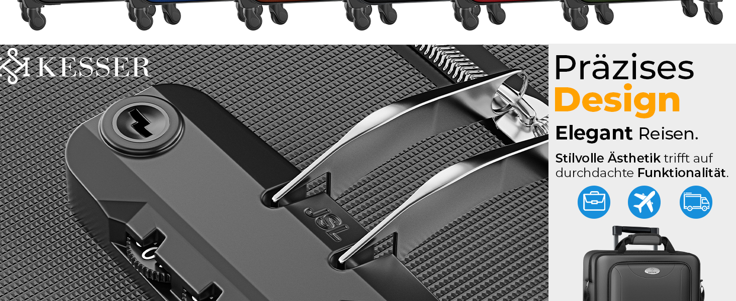 Набір валіз KESSER® 4-в-1: чорний дорожній набір з TSA-замком, 360° колесами та телескопічною ручкою | Чемодан, сумка для косметики, ручна поклажа, велика валіза для подорожей та бізнесу