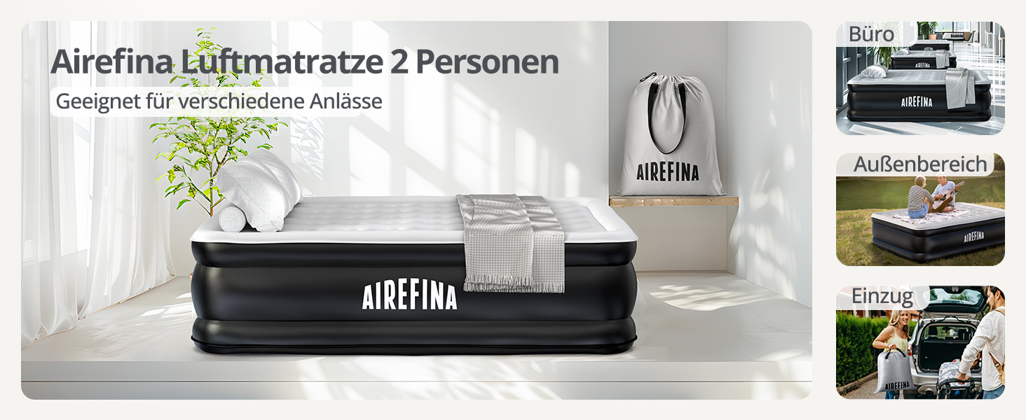 Надувне ліжко Airefina на 2 особи з самонадувною системою та вбудованим насосом, для кемпінгу та дому, міцне гостьове ліжко - 203 x 152 x 46 см