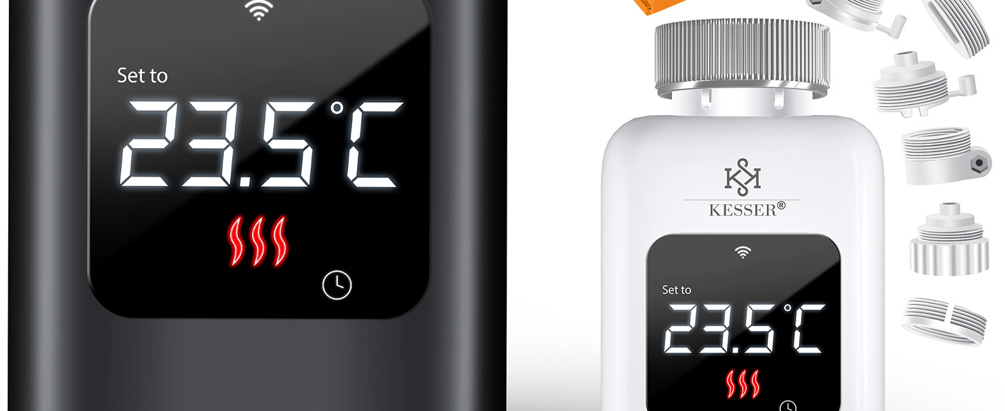 KESSER® WiFi термостат на радіатор опалення з керуванням через додаток Smart Home | Комплект 2 шт, білий. Сумісний з Alexa та Google Assistant. Економія енергії!