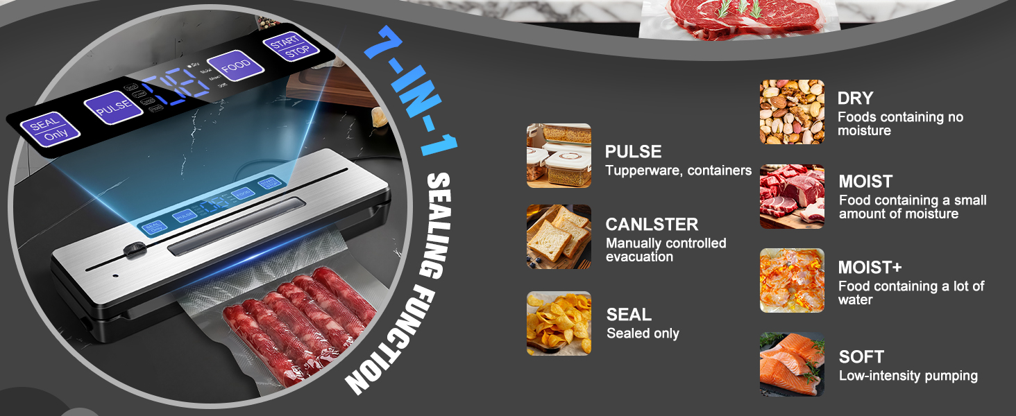Вакууматор для продуктів LanBlu 7 в 1 з подвійним гарячим швом, вакуумний пакувальник для сухих та вологих продуктів, 80кПа