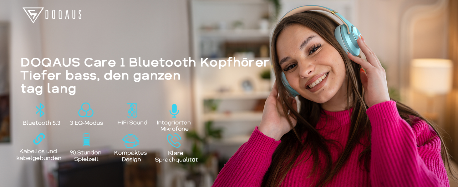 Накладні навушники DOQAUS Bluetooth, 90 годин, 3 режими еквалайзера, HiFi, Складні, Мікрофон, М'які амбушури