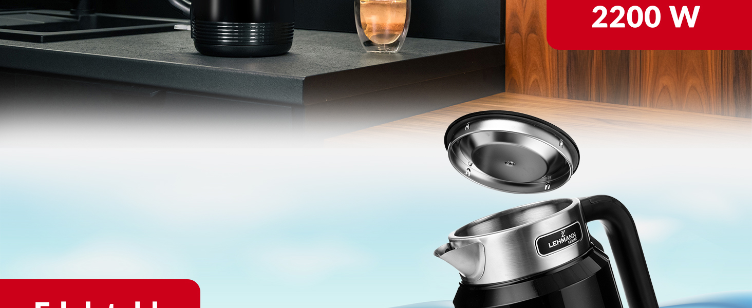 Електричний чайник LEHMANN з нержавіючої сталі 2L, 2200W, швидкий нагрів, подвійні стінки, автовимкнення та захист від перегріву, BPA-free, для великих сімей та офісів, чорний