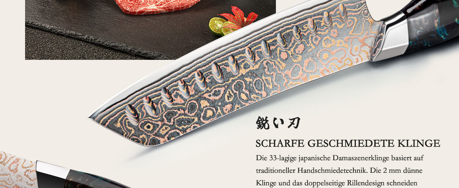 Японський ніж SHAN ZU з дамаської сталі з міддю, ручне кованість, професійний кухонний ніж, 20 см, серія VENUS (18 см Сантоку)