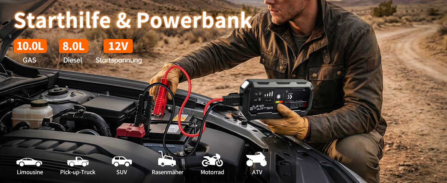 Бустер для автомобіля 8000A Powerbank Jump Starter для дизельних двигунів до 12л та бензинових до 10л