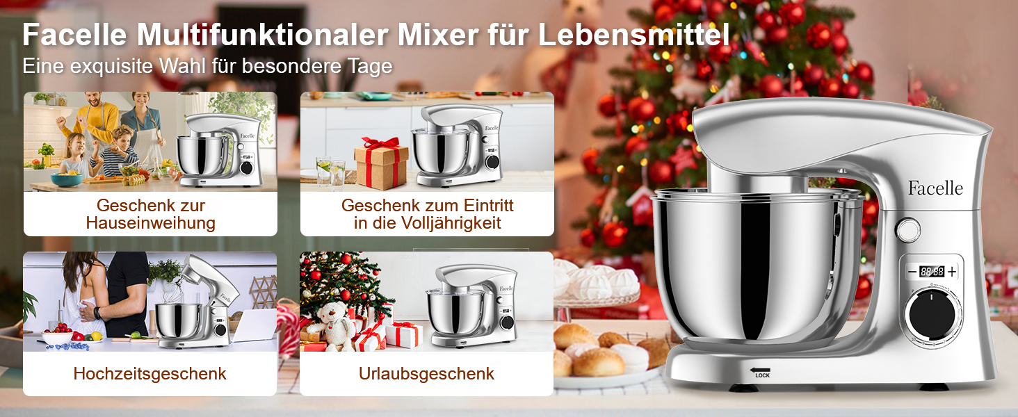 Кухонна машина-міксер Facelle 1500W з 5.5L та 4.5L чашами, 10+ програм, тиха робота, срібна