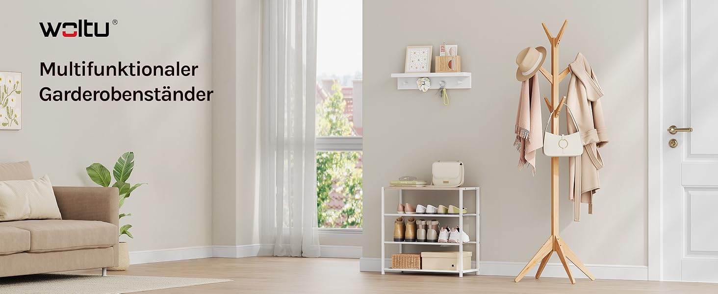 Вільхувана вішалка для одягу WOLTU з 8 гачками, 180 см, дерев'яна, настінна, для дому