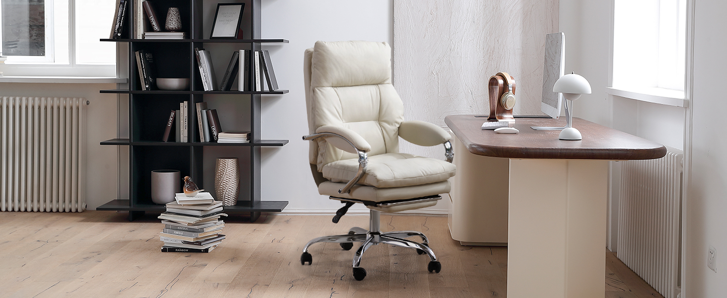 Офісний крісло EMIAH з підставкою для ніг, комфортний крісло для роботи з підлокітниками, ергономічний крісло для начальника з PU шкіри та роликами, ігровий комп'ютерний стілець з потовщеним сидінням, без функції масажу (Бежевий)