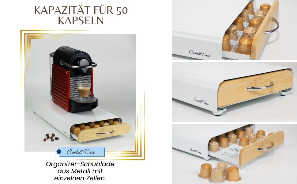 Організатор для капсул Nespresso, металевий, на 50 капсул, білий (з бамбуком)