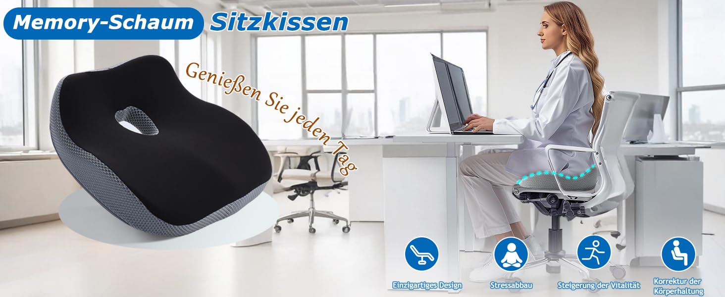 Подушка для офісного крісла з Memory Foam: ортопедична підкладка під куприк для зменшення тиску, широка подушка для сидіння для офісу, автомобіля та інвалідного візка, чорно-сіра