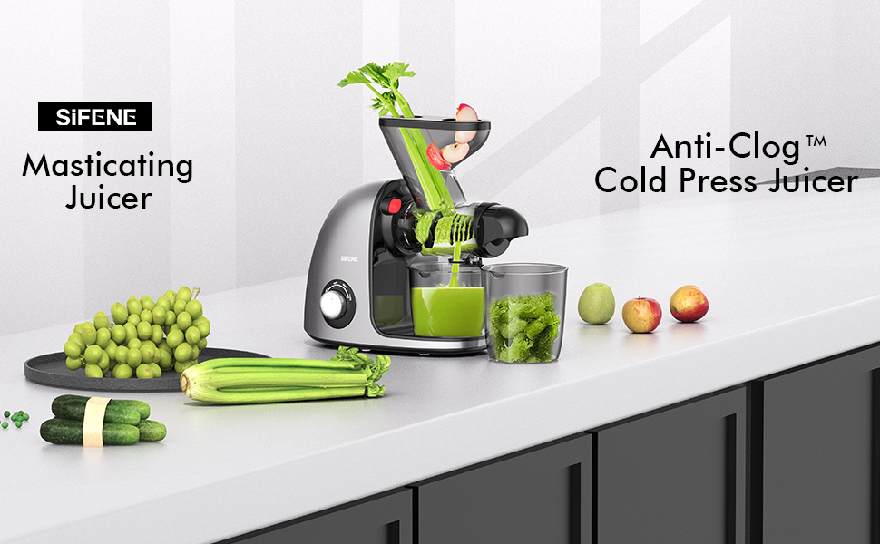 Соковижималка SiFENE Slow Juicer - подвійний калібр, не засмічується, функція реверсу проти блокування, дрібне подрібнення без фільтра, електрична соковижималка, зі щіткою та 2 чашками сірого кольору