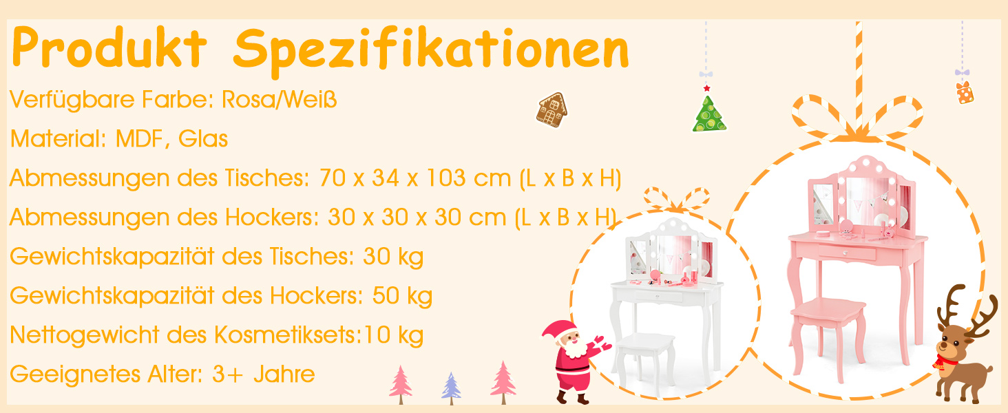 Дитячий столик для макіяжу 2 в 1 з підсвіткою та дзеркалом, COSTWAY, для дівчаток (білий)