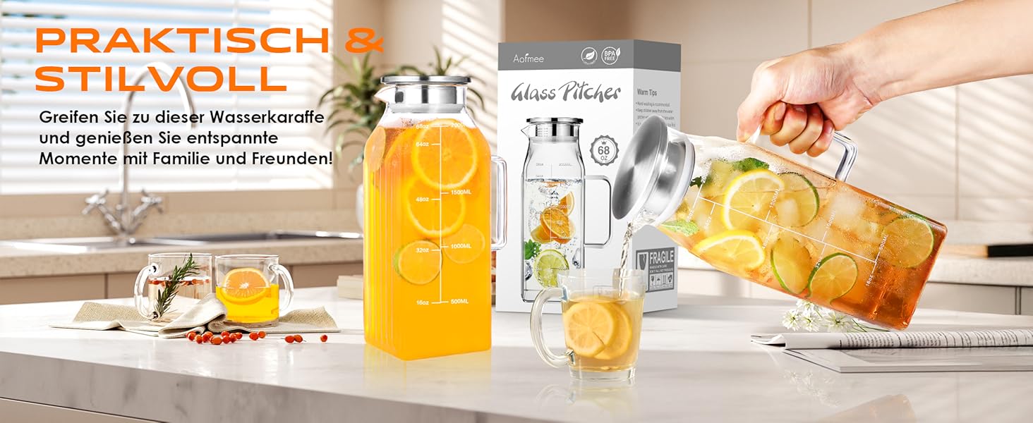 Скляна карафа Aofmee 2 літри з кришкою: для води, соку, айс-ті