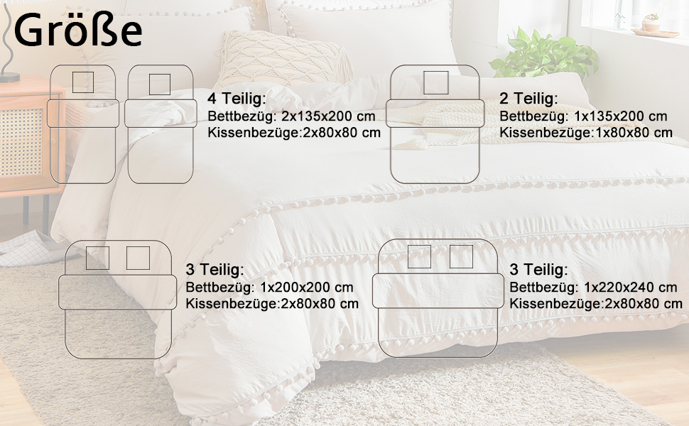 Комплект постільної білизни Herside Boho 135x200, 4 шт. , мікрофібра, помпони з гарбуза, бежево-сірий