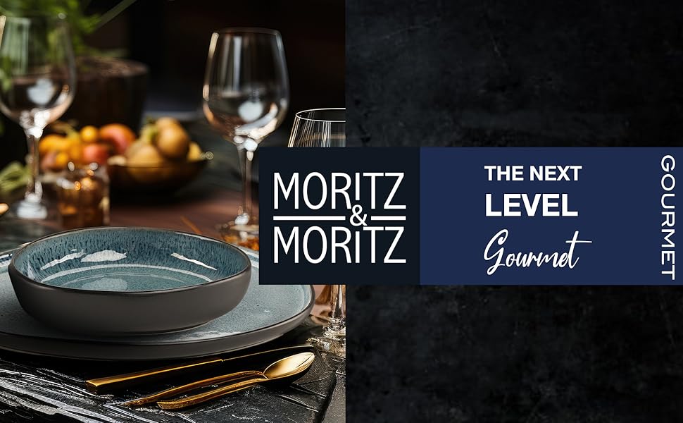 Moritz & Moritz ORGANIC Набір посуду 18 предметів на 6 осіб, блакитний - Елегантний набір тарілок з високоякісної кераміки (6 великих, 6 десертних, 6 супових)