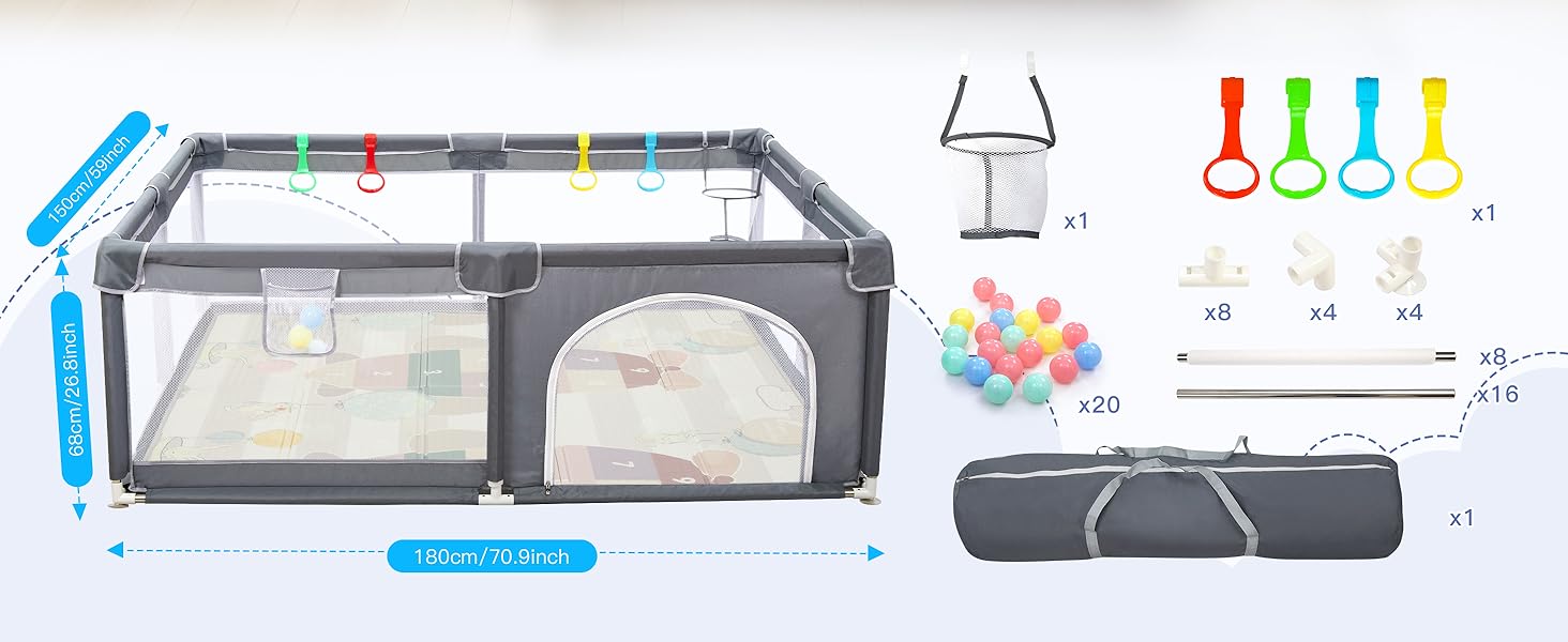 Манеж дитячий CHOLY для немовлят та малюків, 128x128 см, сірий з килимком 150x180 см - безпечний, міцний, з сіткою та захистом